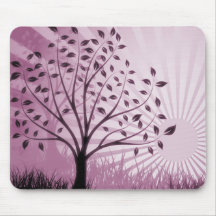 Tree Leaves Grass Silhouette & Sunburst - Pink Mousemat