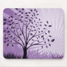 Tree Leaves Grass Silhouette & Sunburst - Purple Mousepads