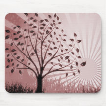 Tree Leaves Grass Silhouette & Sunburst - Red Mouse Mats