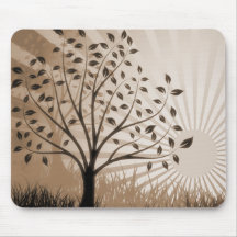 Tree Leaves Grass Silhouette & Sunburst - Sepia Mousemats