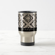 Trendy black damask personalised travel coffee mug