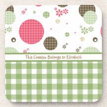 Trendy Cute Gingham Polka Dots With Name Drink Coaster