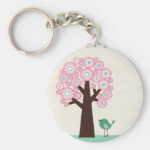Trendy pink green circles tree bird keychain