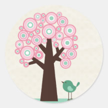 Trendy pink green circles tree bird sticker seal