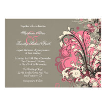 Trendy pink grey grunge swirls wedding invitation