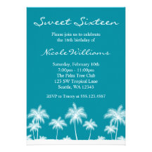 Tropical Palm Trees Teal Blue Sweet 16 Invitation