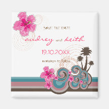 Tropical Waves & Pink Hibiscus Save Date Magnet