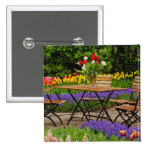 Tulips of table in garden, Keukenhof Gardens, Buttons