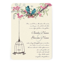 Turquiose Birds Pink Cherry Blossoms Birdcage Custom Announcement
