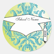 turquoise and lime green ornate damask graduation round stickers
