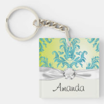 turquoise and lime green ornate damask acrylic keychain