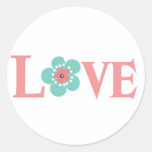 Turquoise and Pink Flower Love Round Stickers