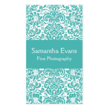 Turquoise and White Damask Business Card