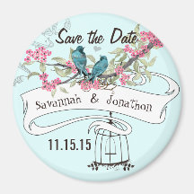 Turquoise Birds Pink Cherry Blossom Save the Date Refrigerator Magnet