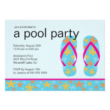 Turquoise Floral Flip Flops Pool Party Invitation