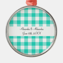 Turquoise gingham pattern wedding favours ornament