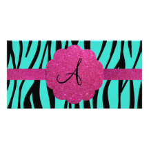 Turquoise zebra stripes monogram personalized photo card