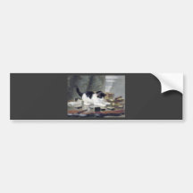 Tuxedo kitten playing dominoes painting gift bumper stickers