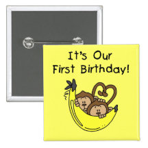 Twin Boys 1st Birthday Monkey Tshirts and Gifts Button
