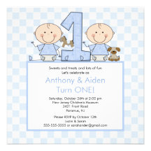 Twin Boys Stick Figure Twins Birthday Invitation