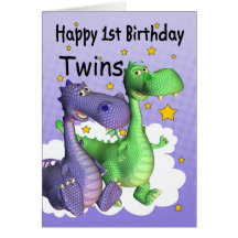 Twins First Birthday Card - Cute Dragons