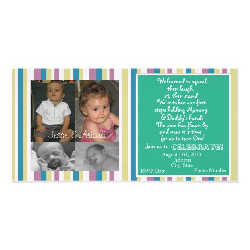 Twins First Birthday Invitation Photo Card