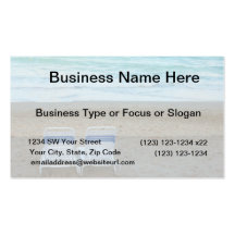 Two chairs on beach sand ocean waves business card template