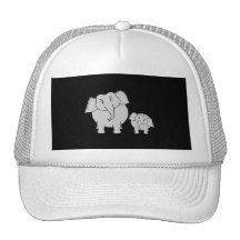 Two Cute Elephants. Cartoon on Black. Hat