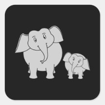 Two Cute Elephants. Cartoon on Black. Square Sticker