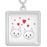 Two Cute White Cats with Red Hearts. Personalized Necklace