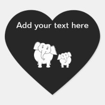 Two Cute White Elephants on Black. Cartoon. Heart Stickers