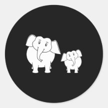 Two Cute White Elephants on Black. Cartoon. Round Stickers