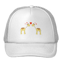 Two Facing Giraffes with Hearts. Cartoon. Mesh Hats