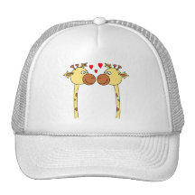 Two Giraffes with Red Love Hearts. Cartoon Mesh Hats