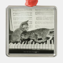 Two kitten playing on piano keyboard, (B&W) Christmas Tree Ornaments