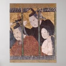 Two men and woman behind awning, detail screen posters