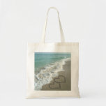 Two Sand Hearts on the Beach, Romantic Ocean Canvas Bags