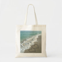 Two Sand Hearts on the Beach, Romantic Ocean Canvas Bags