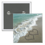 Two Sand Hearts on the Beach, Romantic Ocean Buttons