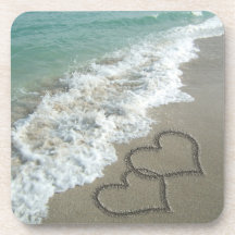 Two Sand Hearts on the Beach, Romantic Ocean Drink Coaster