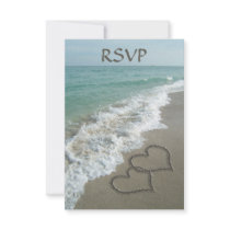 Two Sand Hearts on the Beach, Romantic Ocean Personalized Invites