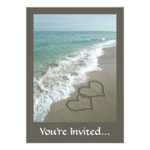 Two Sand Hearts on the Beach, Romantic Ocean Invitation