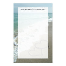 Two Sand Hearts on the Beach, Romantic Ocean Personalized Stationery