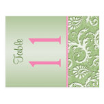 Two-sided Green and Pink Damask Table Number Postcards