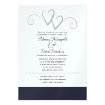 Two Silver and Navy Blue Hearts Wedding Invitation