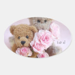 two teddy bears holding roses oval stickers