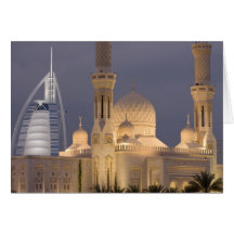 UAE, Dubai. Mosque in evening with Burj al Arab Greeting Cards
