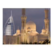UAE, Dubai. Mosque in evening with Burj al Arab Postcard