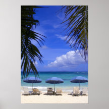 umbrellas on beach, St. Maarten, Caribbean Poster