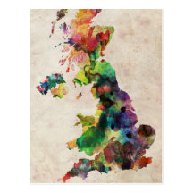 United Kingdom Watercolor Map Post Cards